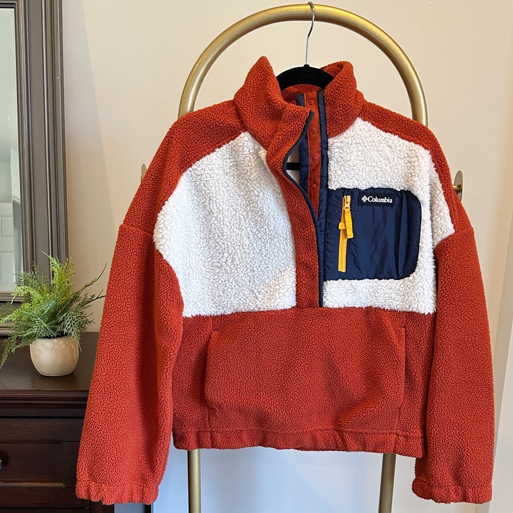 COLUMBIA fleece pullover sweatshirt jacket in burnt orange & cream (size small)